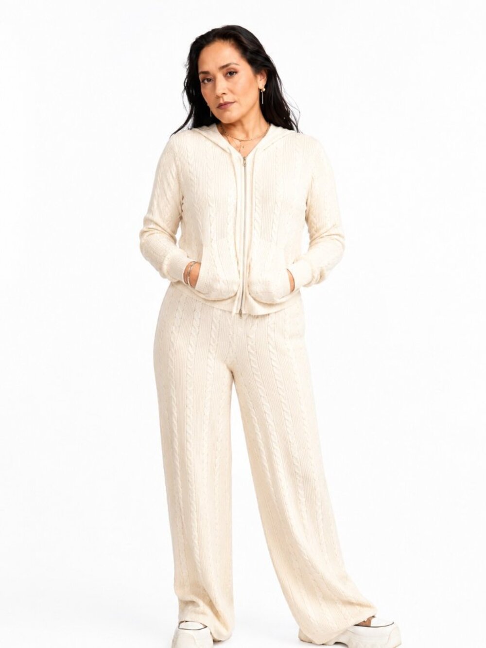 Women’s Cable Knit Two-Piece Matching Set, Hooded Zip-Up Jacket and Wide-Leg Pan